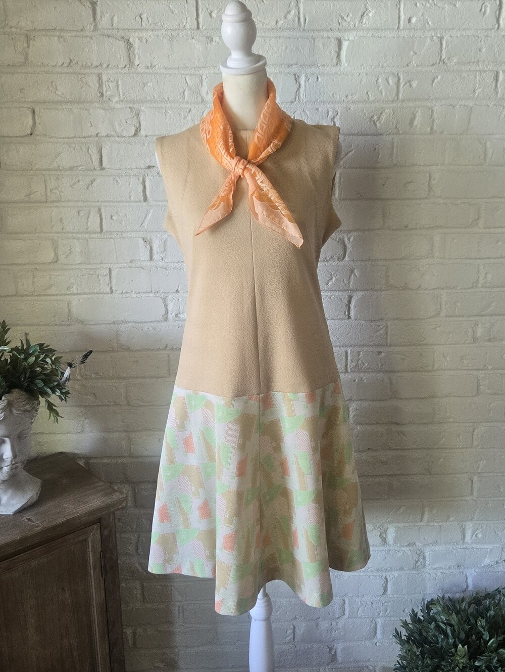 Vtg 60s 70s Mod GoGo Dress With Matching Scarf,  Geometric, Party, School/Work